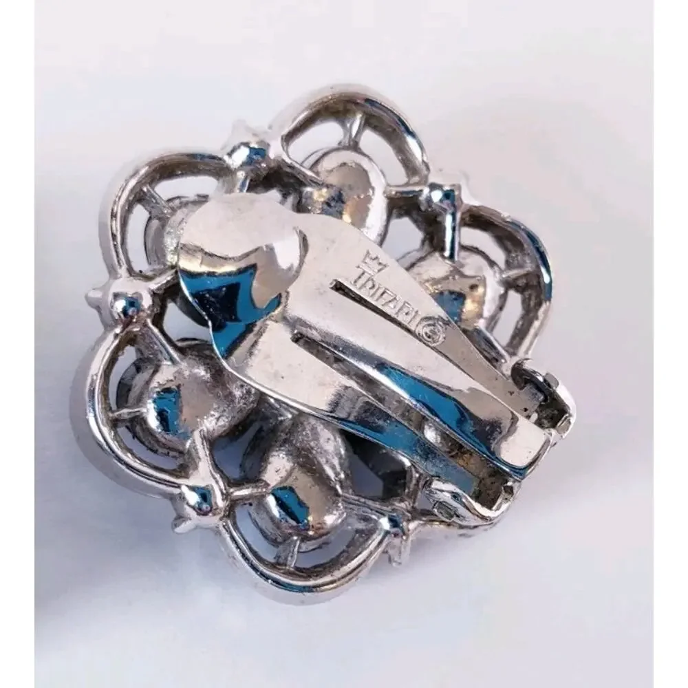 VTG Crown Trifari Aurora Borealis AB Rhinestone Silver Tone Flower Clip Earrings
